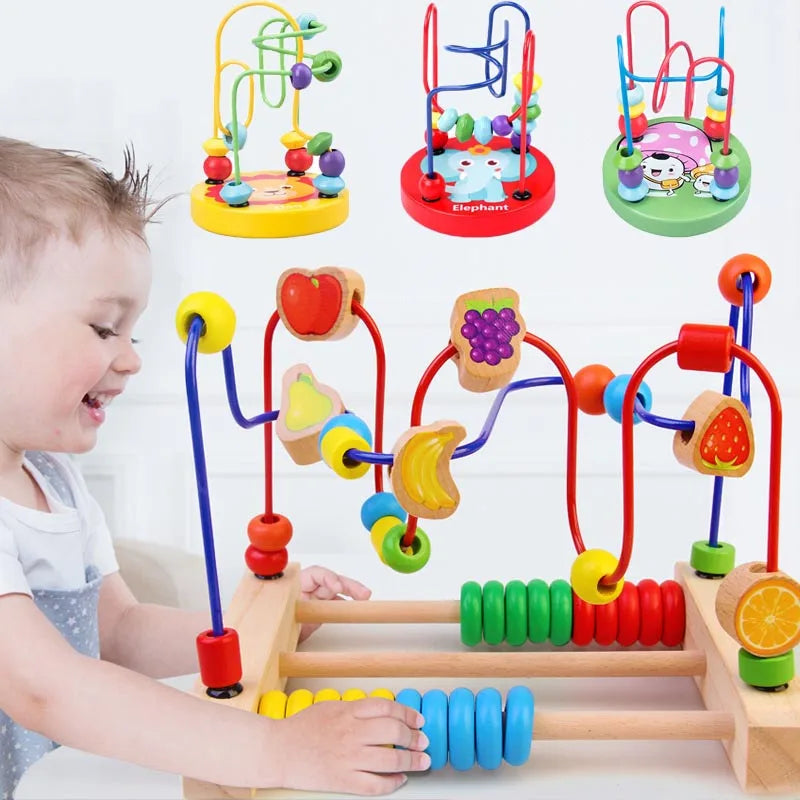 Montessori Wooden Circles Bead Wire Maze Roller Coaster with Colorful Animals, Fruits, Shapes - Educational Counting Toy.