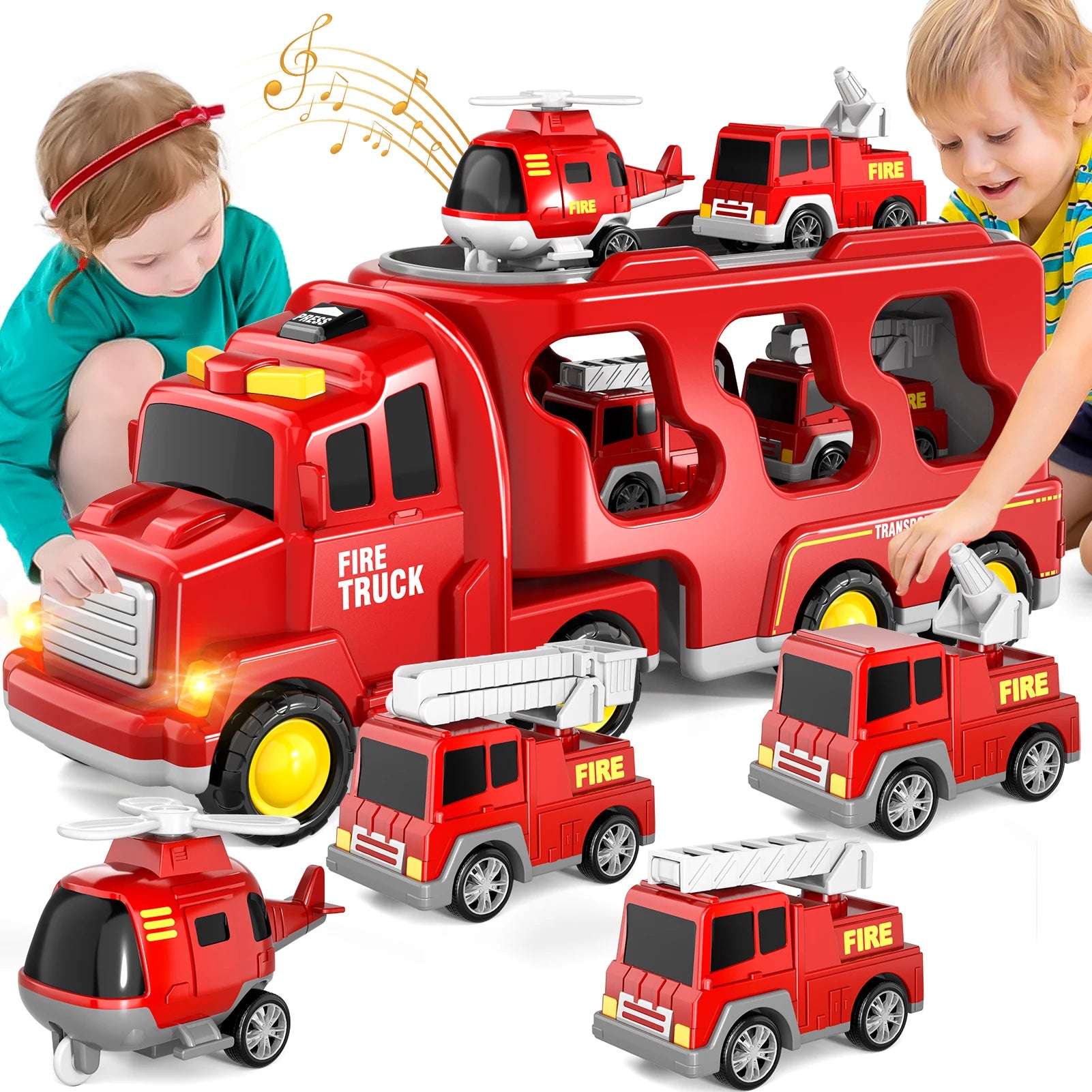 5 In 1 Fire Carrier Truck With Light And Sound Mini Helicopter and Crane Cars for Boys Age 1-5