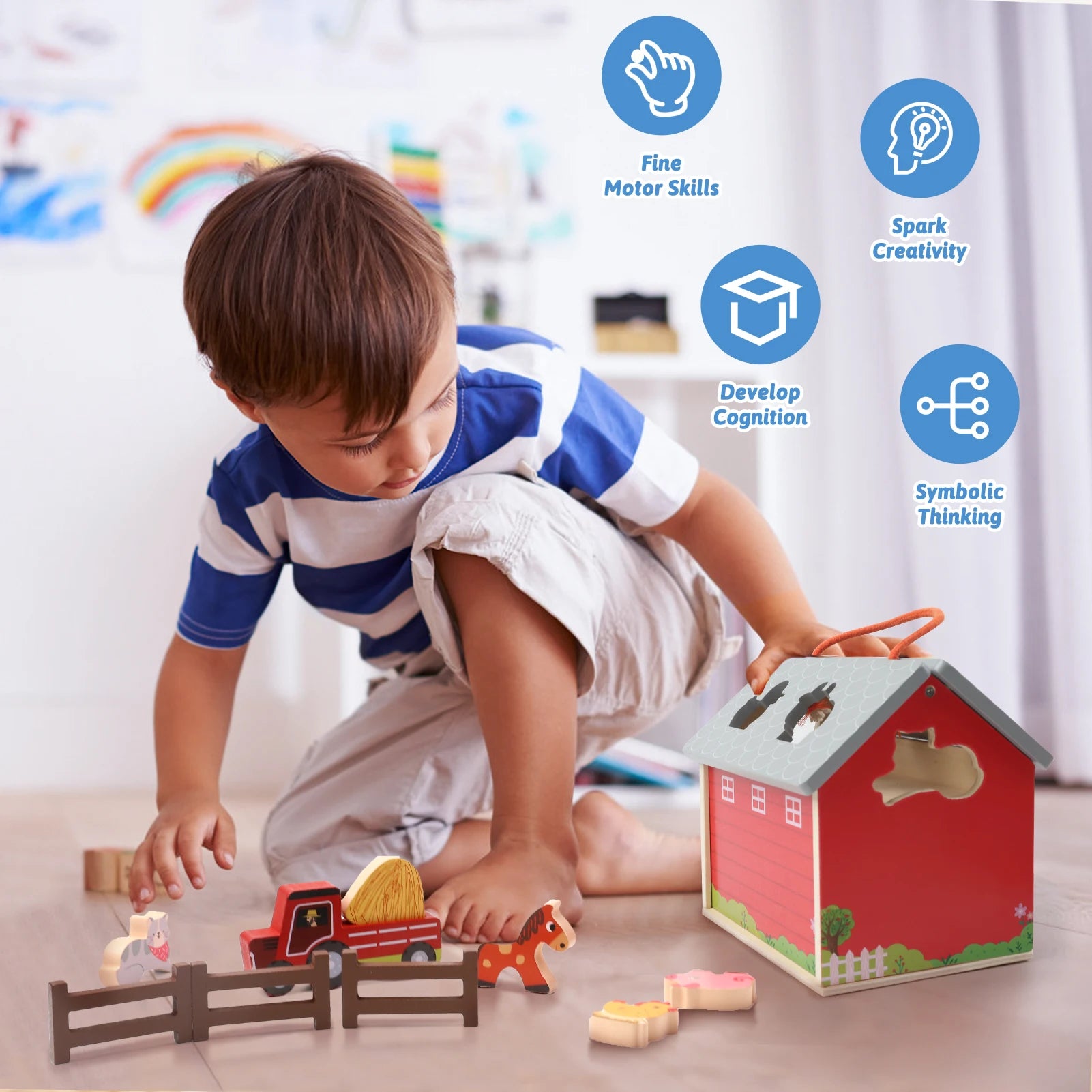 Wooden Educational Montessori Farm Playset 17 piece with Farm Animals, Big Barn and Tractor