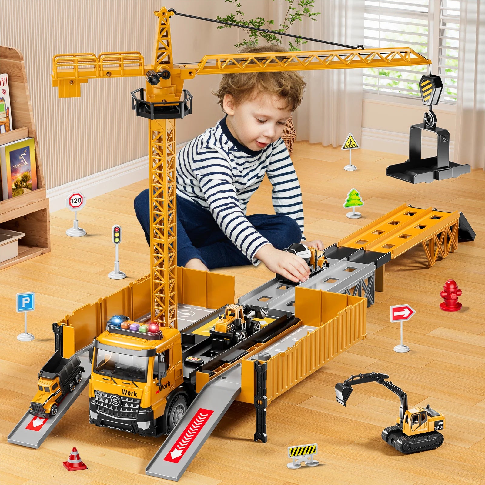 Carrier Construction Truck Toy Set - With Tower Crane, Lights, Sound and 4 Construction Vehicles for Boys