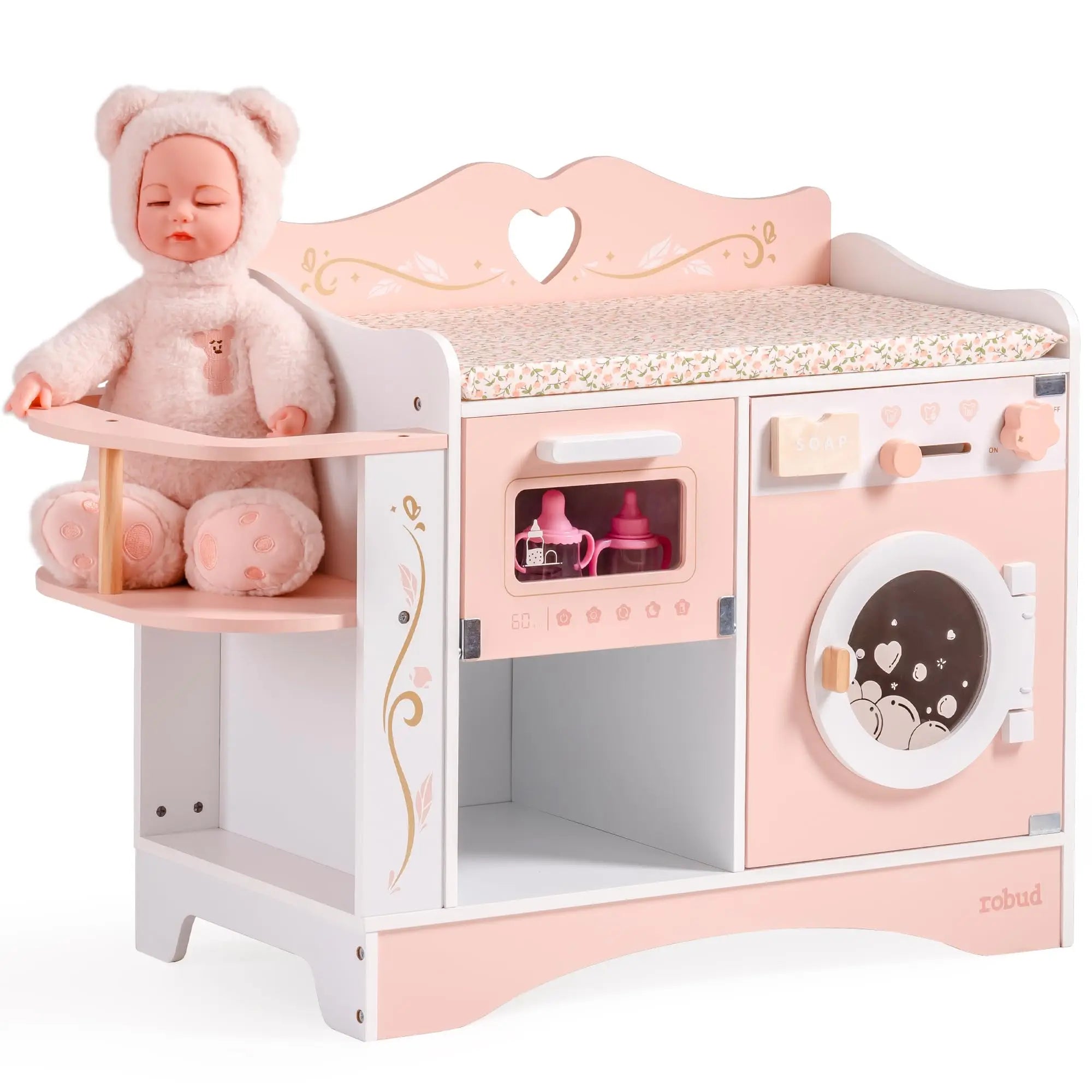 Wooden Pretend Play 2 in 1 Baby Doll Crib Changing Station with Seat and Accessories for Girls.