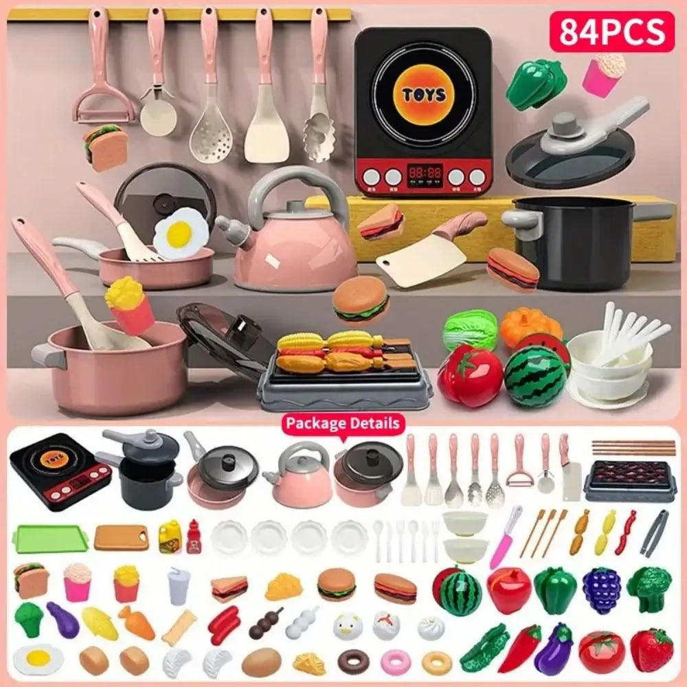 84pcs Pretend Play Kitchen Cooking Accessories Set with Pretend Food, Pots, Utensils and Realistic Sound.
