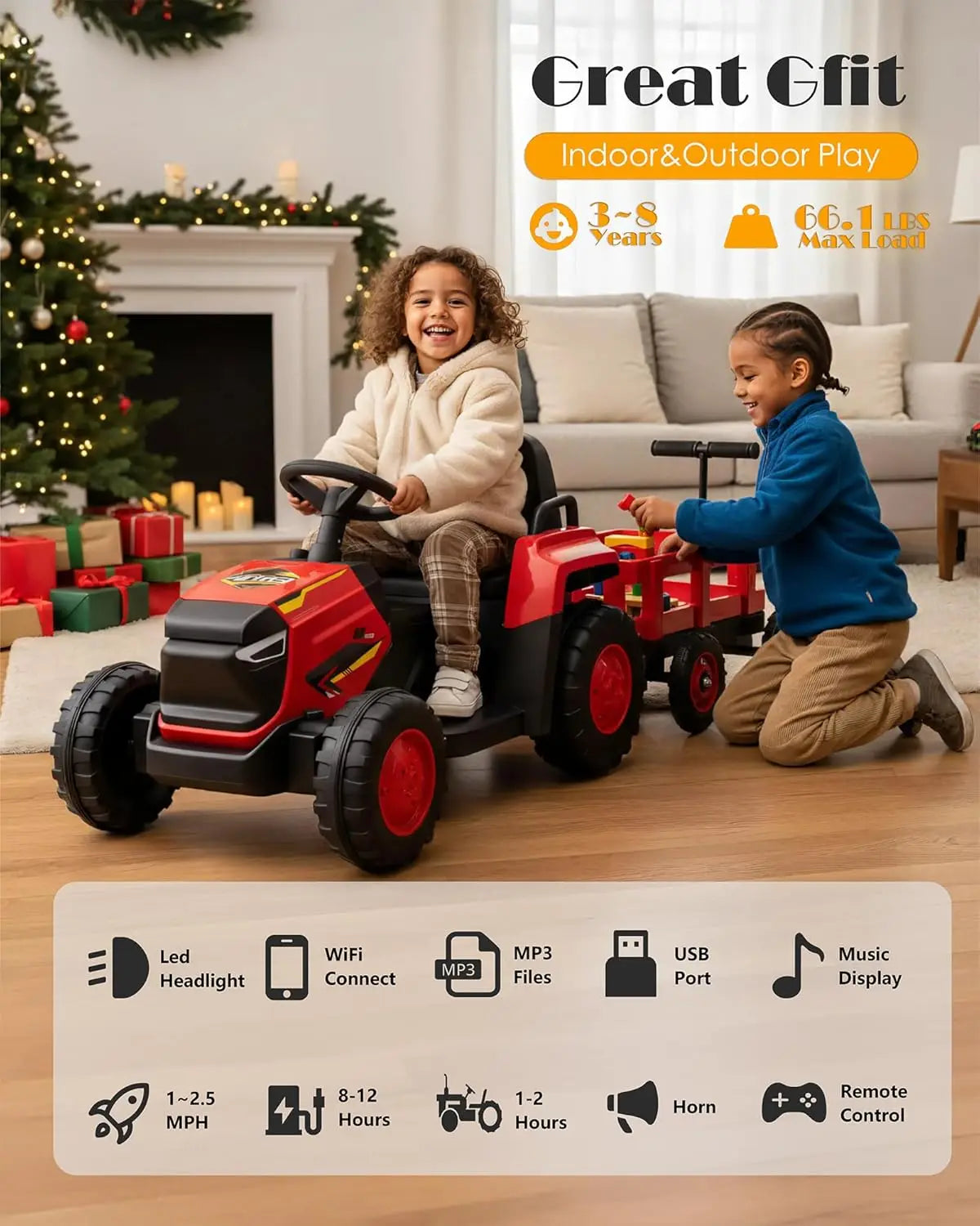 Ride on Tractor with Detachable Garden Cart - 12V Electric Kids’ Vehicle with Trailer for Kids
