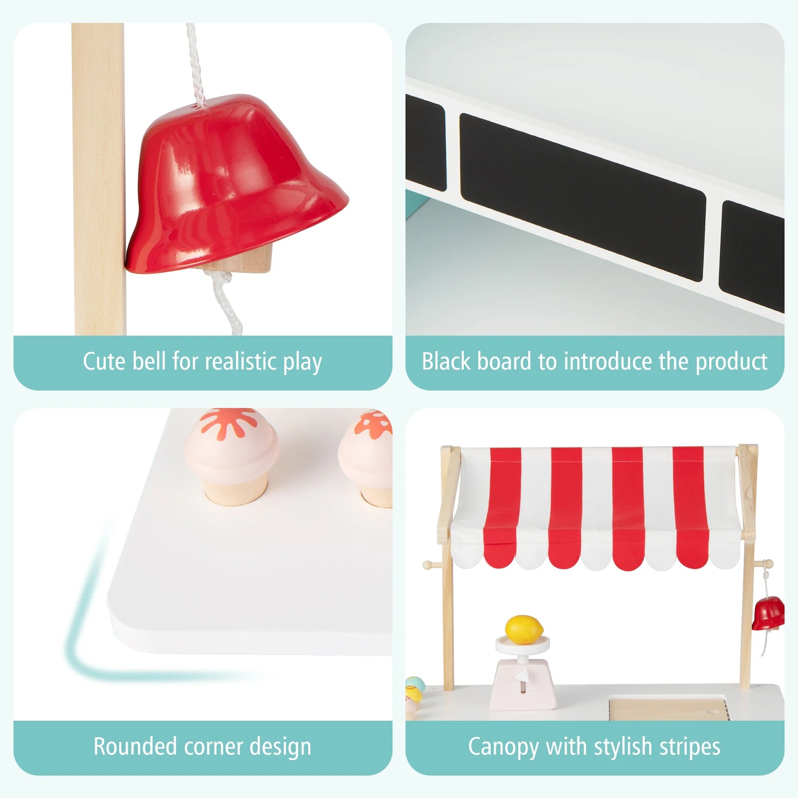 Wooden Montessori Kids Ice Cream Cart Toy Set with Ice Cream Making Counter, Scale, Bell, Display Shelves, Black Board and Canopy.