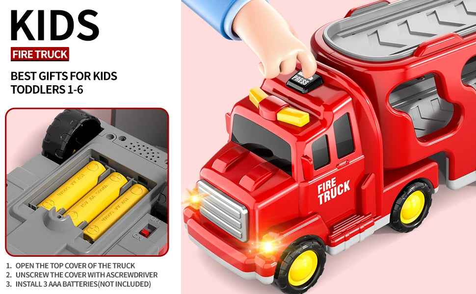 5 In 1 Fire Carrier Truck With Light And Sound Mini Helicopter and Crane Cars for Boys Age 1-5