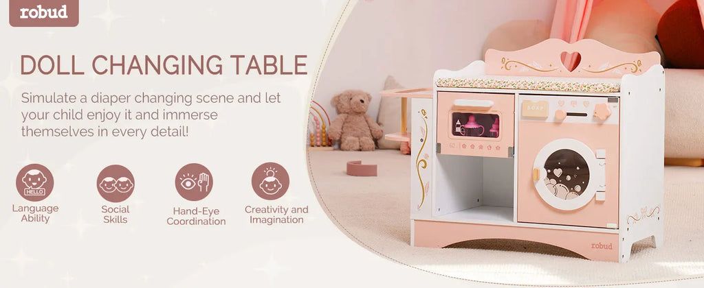 Wooden Pretend Play 2 in 1 Baby Doll Crib Changing Station with Seat and Accessories for Girls.