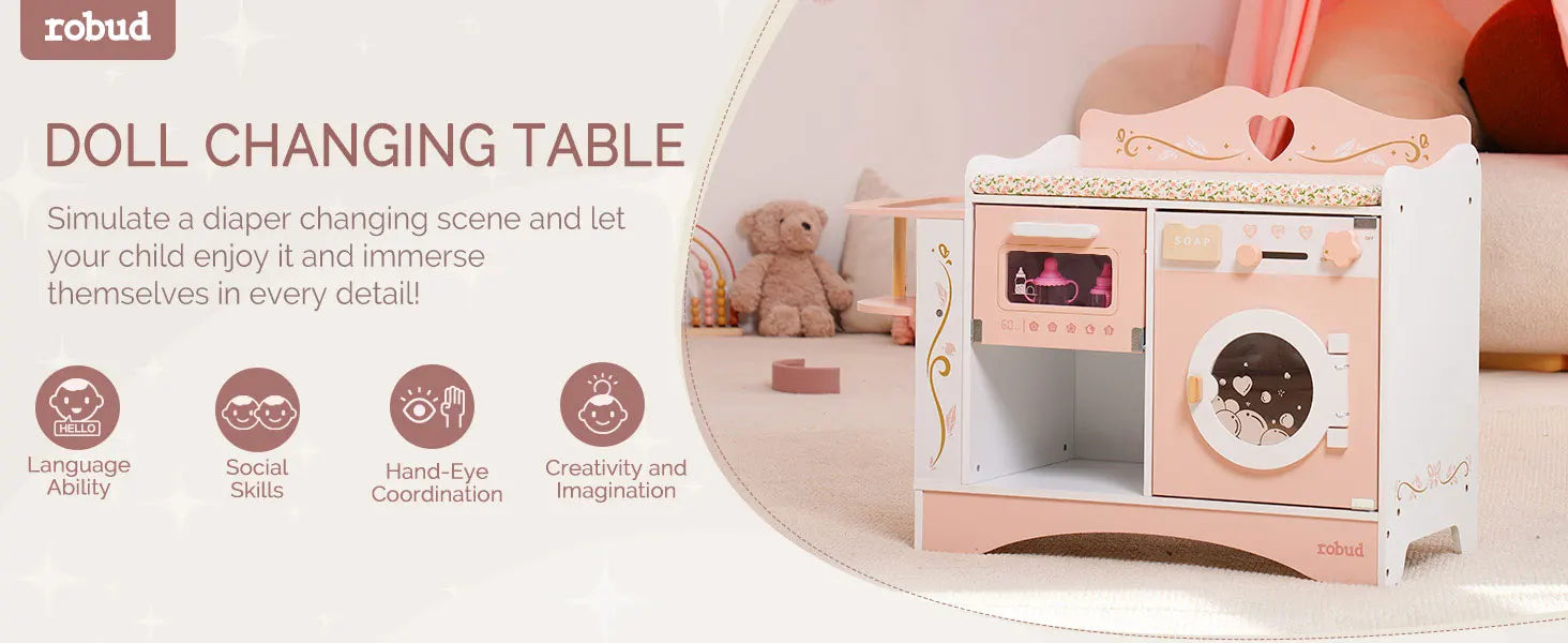 Wooden Pretend Play 2 in 1 Baby Doll Crib Changing Station with Seat and Accessories for Girls.