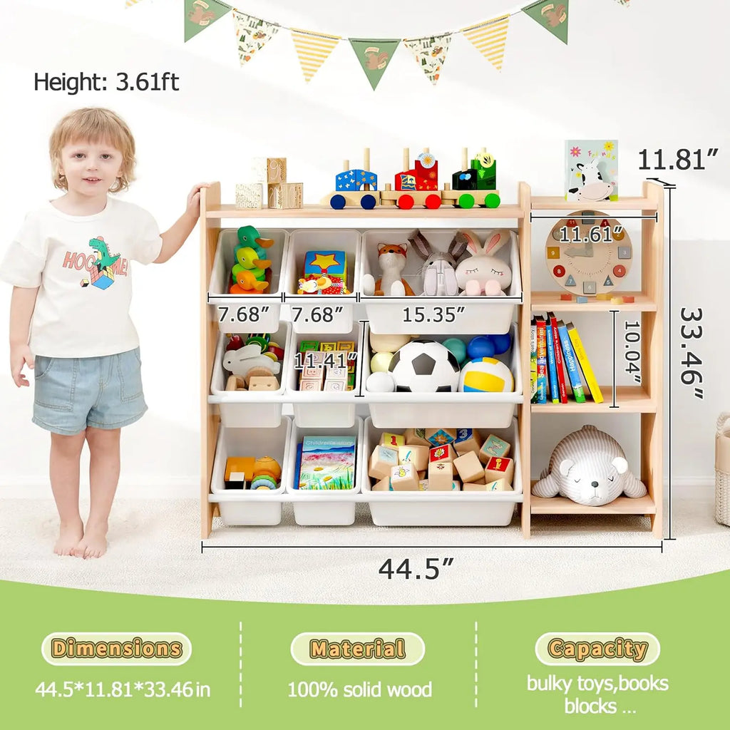 Wooden 4-Tier Kids Toy Storage Organizer Shelf - with 9 Plastic Bins and 3 Shelves.