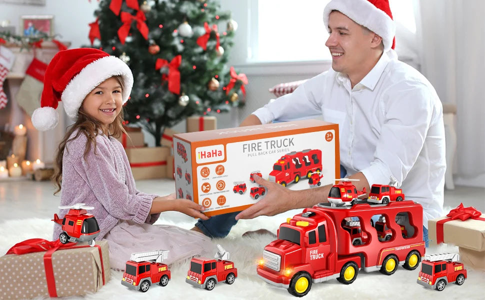 5 In 1 Fire Carrier Truck With Light And Sound Mini Helicopter and Crane Cars for Boys Age 1-5