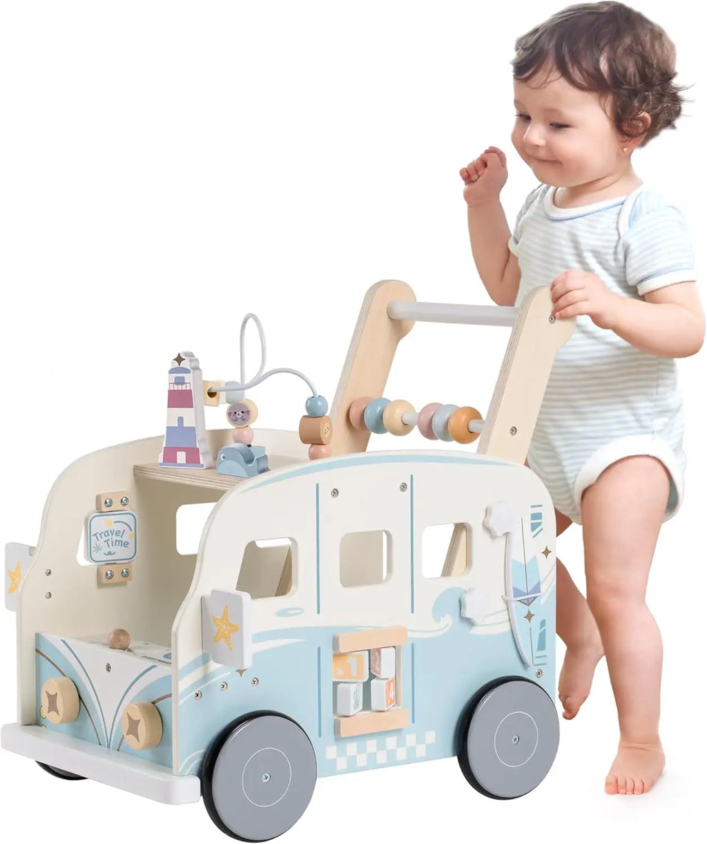 Wooden Montessori Baby Multifunctional Push Along Activity Walker with Wheels for Toddlers.