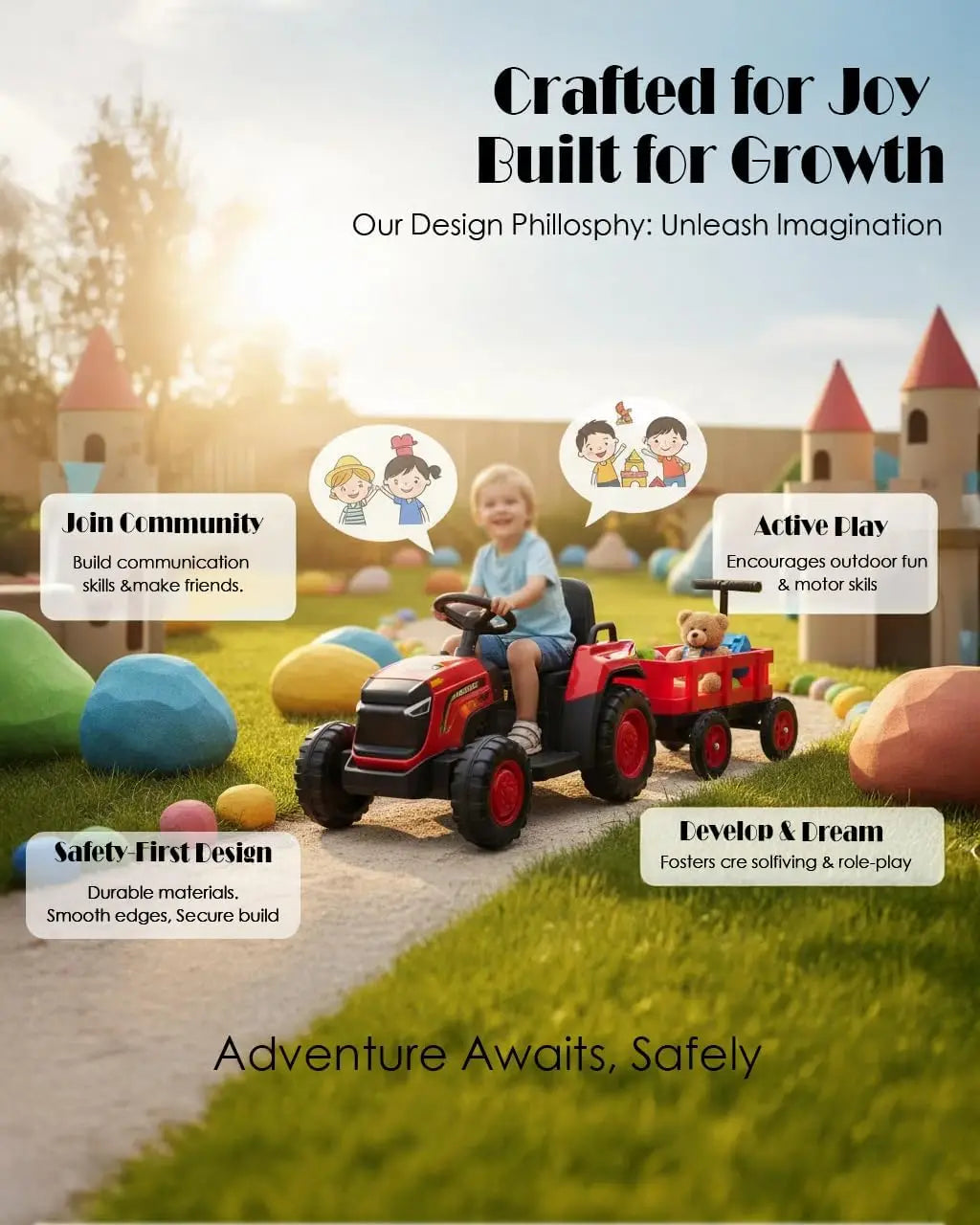 Ride on Tractor with Detachable Garden Cart - 12V Electric Kids’ Vehicle with Trailer for Kids