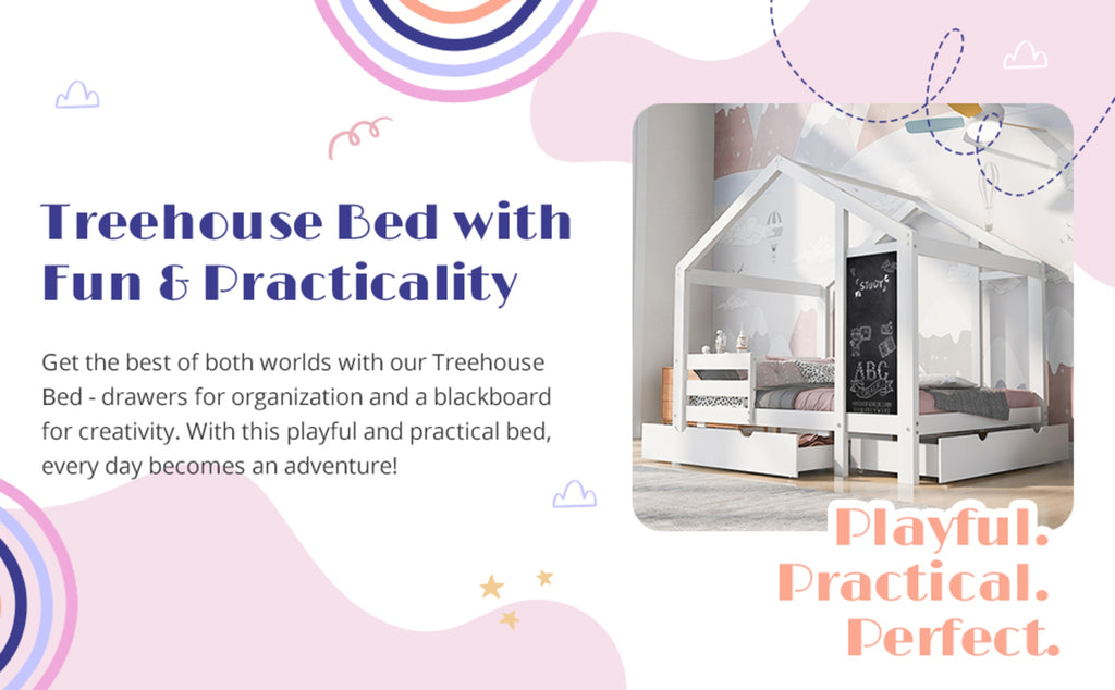 Twin House Style Bed With Blackboard And Drawers, Two Assembly Options, White