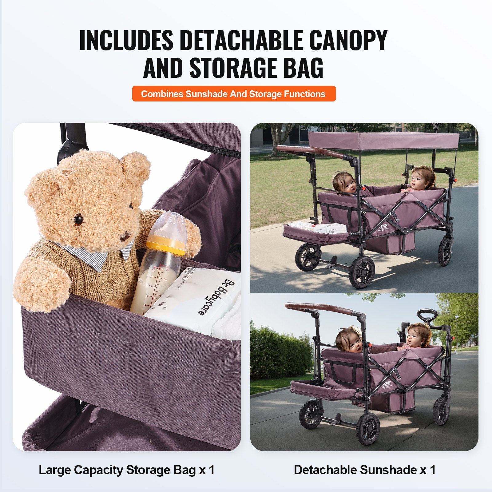 Wagon Stroller - Push Pull Quad Collapsible Stroller With Adjustable Handle, Harness and Removable Canopy