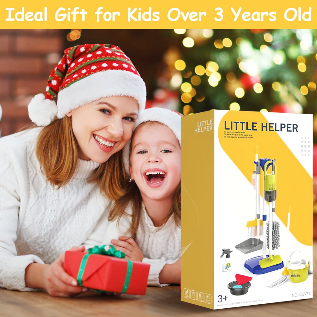 Kids Cleaning Toy Set -14 Piece Pretend Housekeeping Play Kit With Vacuum Cleaner, Broom, Mop and Organization Stand For Boys Girls Age 3 - 5