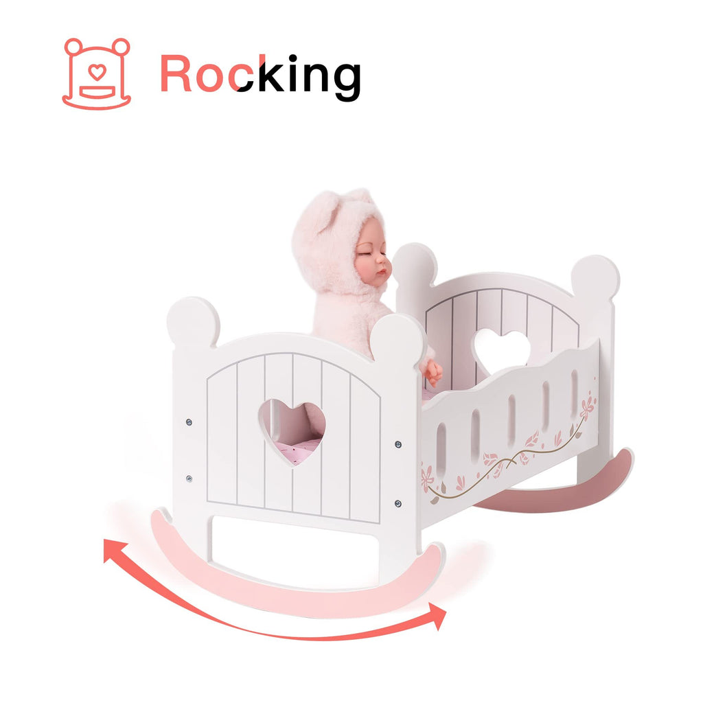 Wooden Toy Baby Doll Rocking Cradle with Bedding for 18" Doll