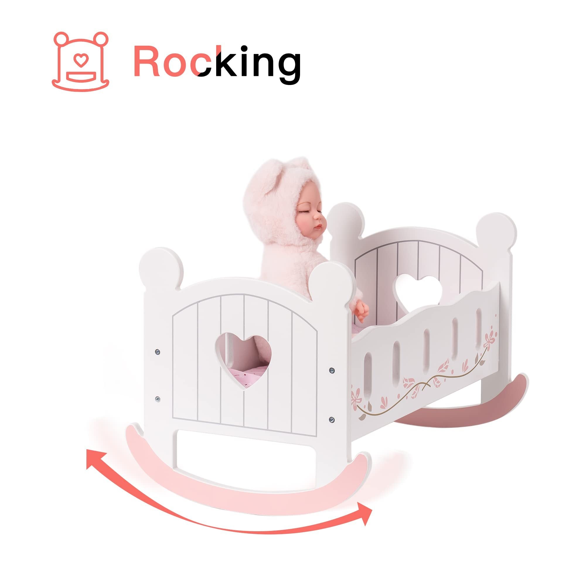 Wooden Toy Baby Doll Rocking Cradle with Bedding for 18" Doll