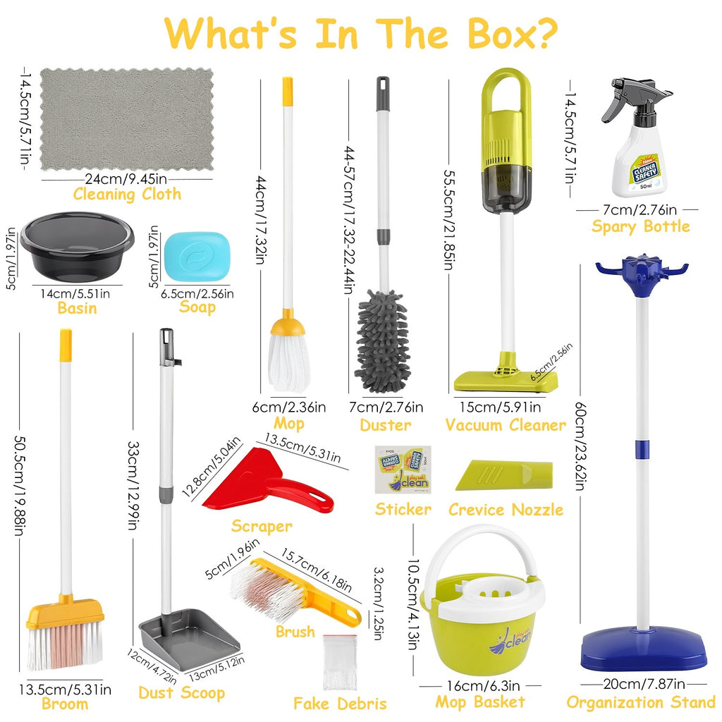 Kids Cleaning Toy Set -14 Piece Pretend Housekeeping Play Kit With Vacuum Cleaner, Broom, Mop and Organization Stand For Boys Girls Age 3 - 5