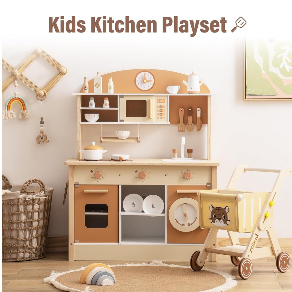 Large Kids Toddlers Wooden Kitchen Playset With Accessories