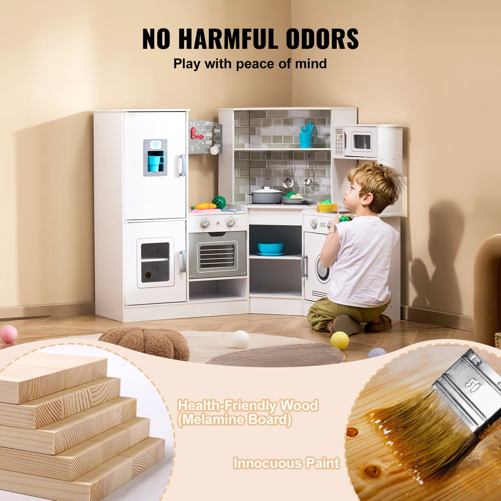 Kids Corner Wooden Kitchen Playset - Pretend Cooking Play Toy - with Stove, Oven, Sink, Fridge, Washing Machine, Microwave Oven, Clock, Storage Cabinet and 24 Accessories.