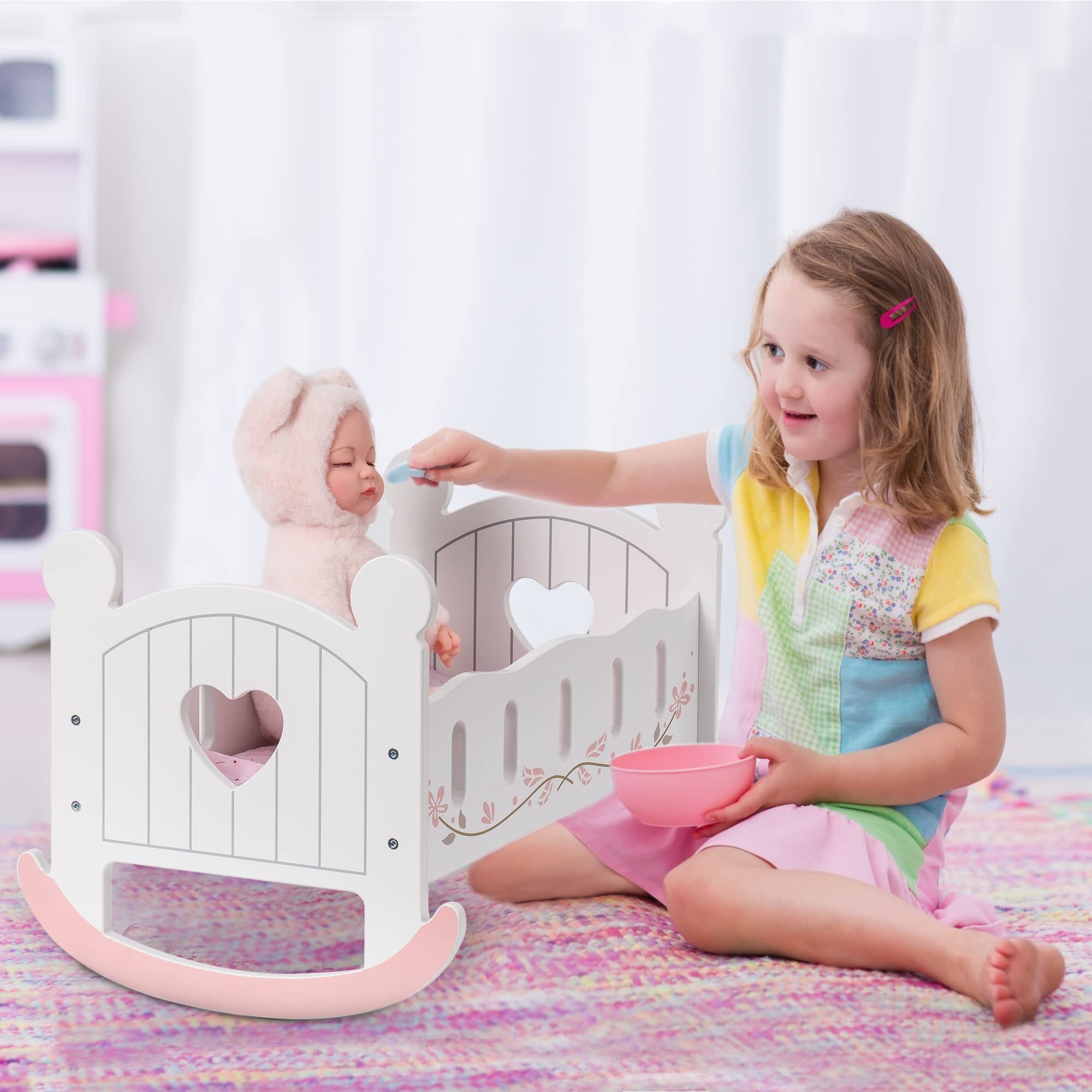 Wooden Toy Baby Doll Rocking Cradle with Bedding for 18" Doll