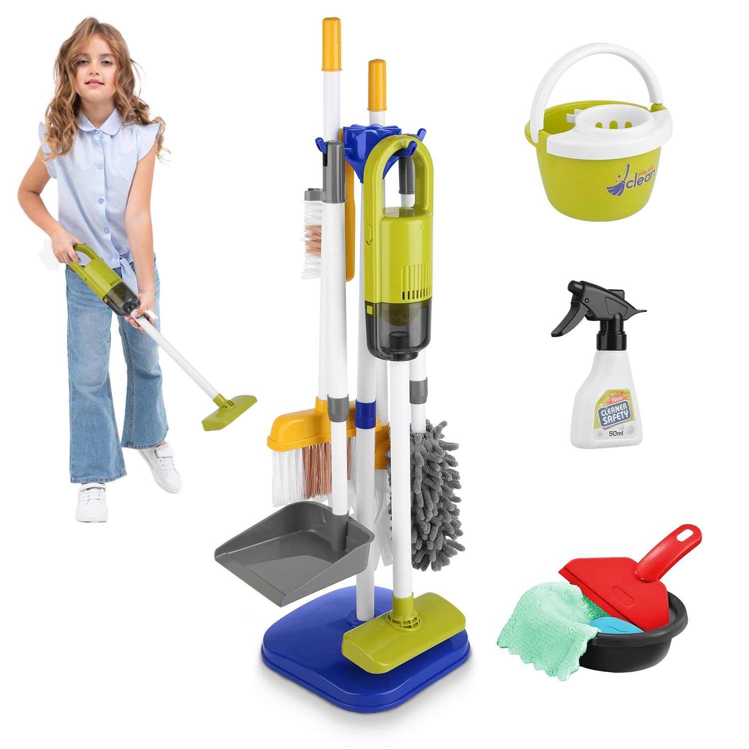 Kids Cleaning Toy Set -14 Piece Pretend Housekeeping Play Kit With Vacuum Cleaner, Broom, Mop and Organization Stand For Boys Girls Age 3 - 5