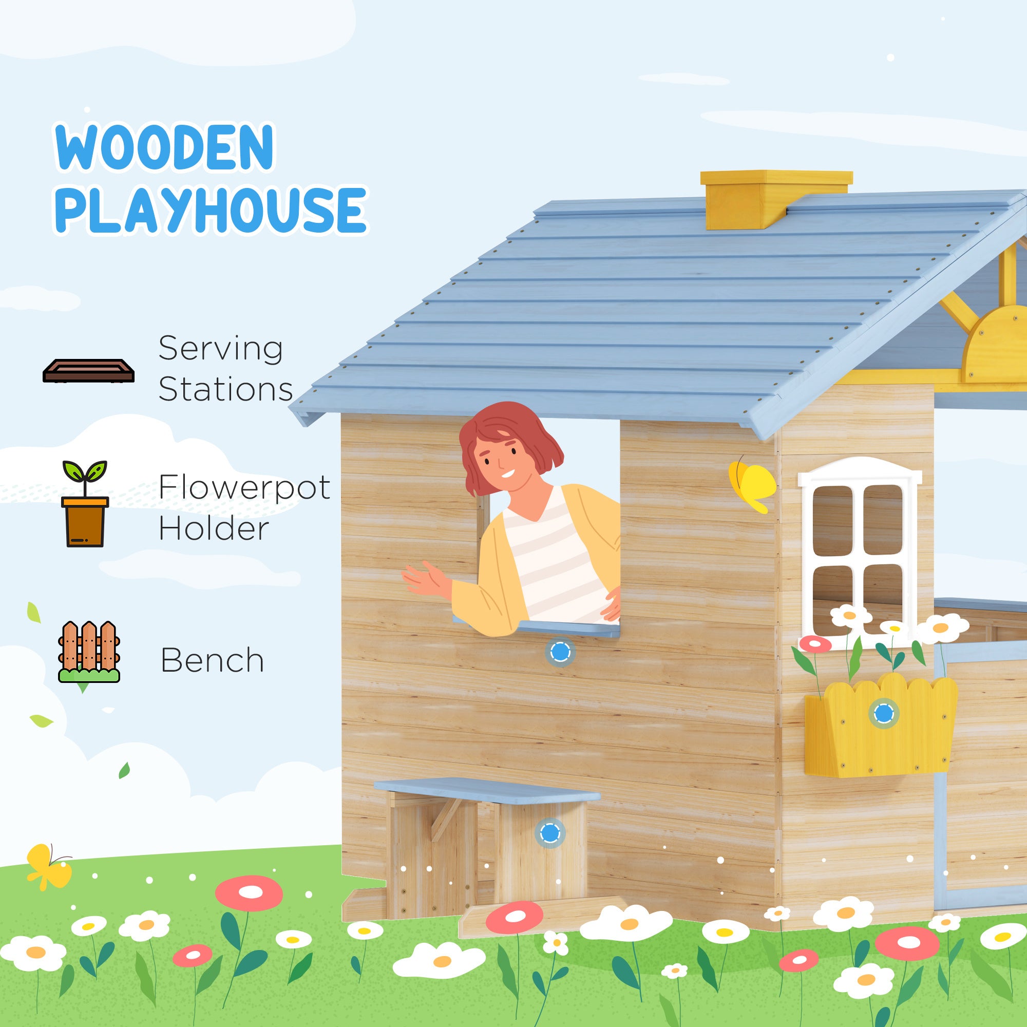 Wooden Playhouse for Kids for Outdoor - Garden Cottage - with Bench, Working Door, Windows, Bench, Serving Station and Flower Pot Holder.