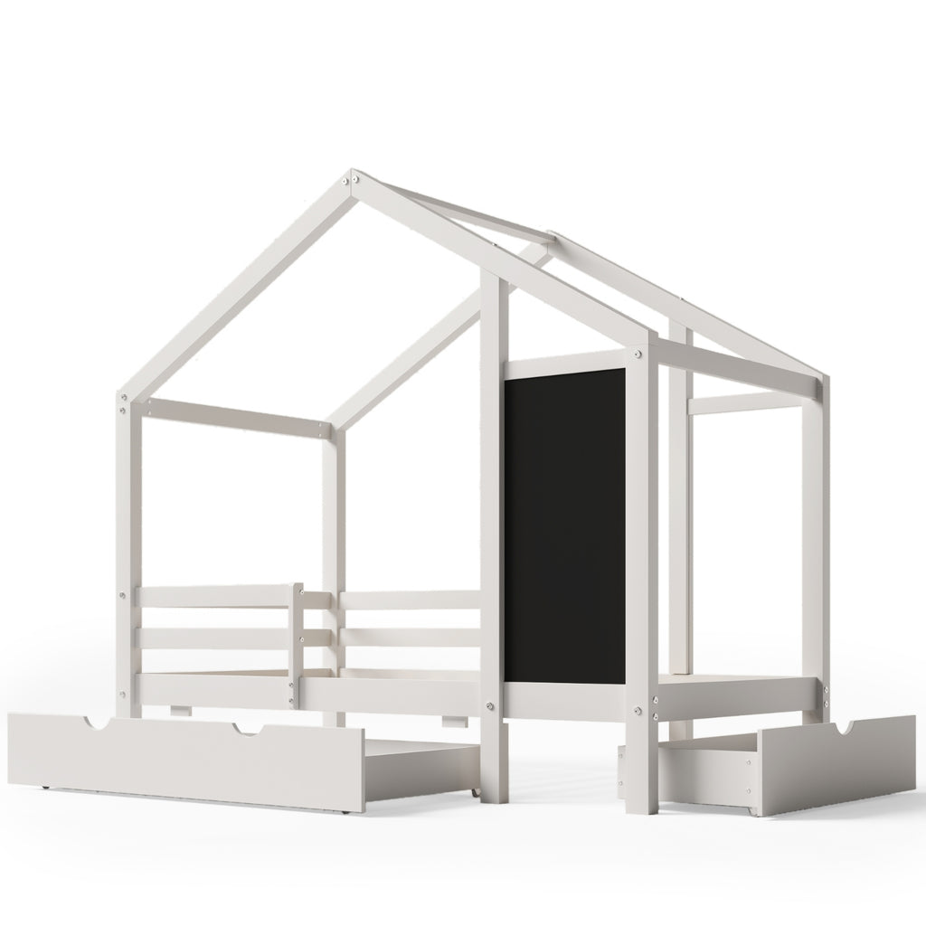 Twin House Style Bed With Blackboard And Drawers, Two Assembly Options, White