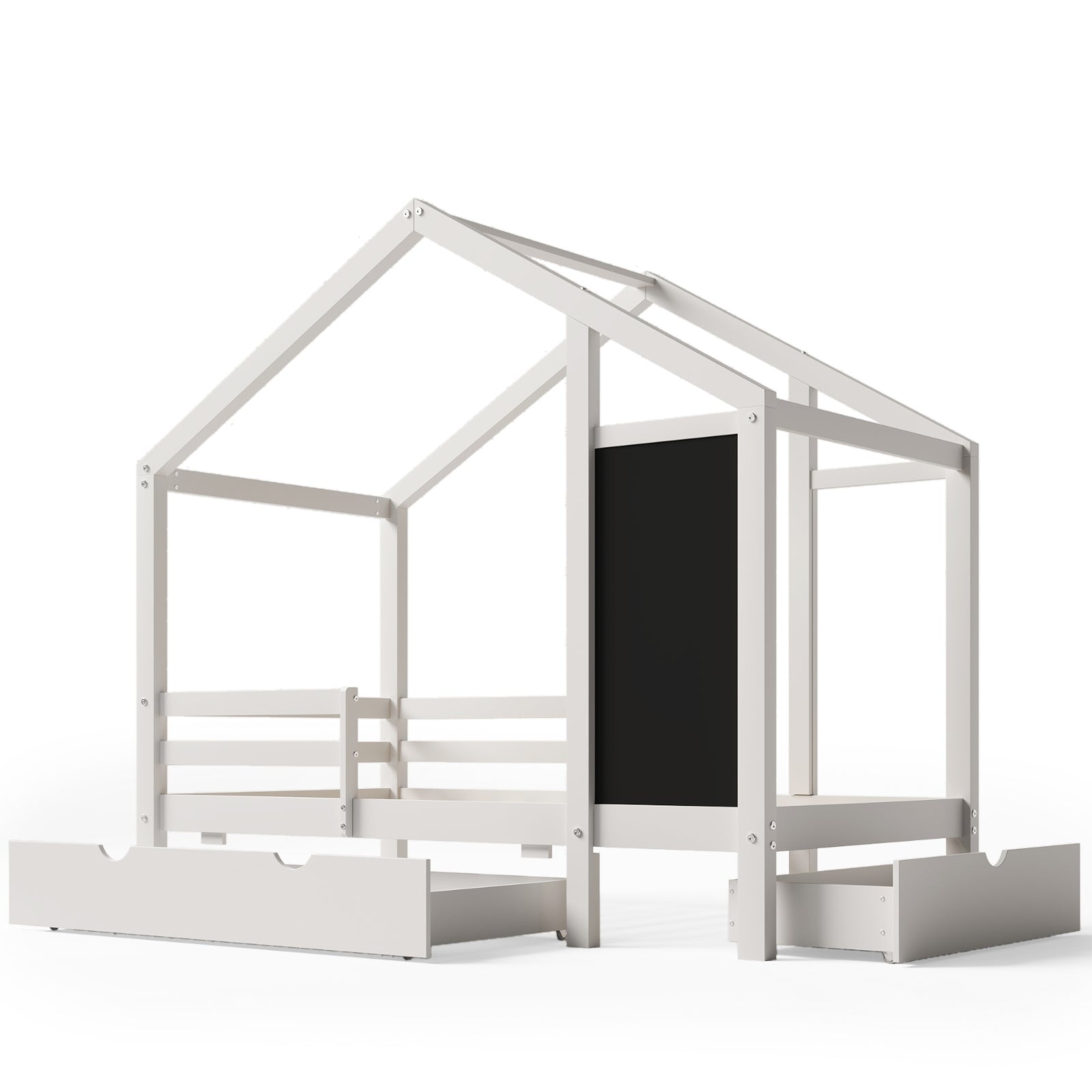 Twin House Style Bed With Blackboard And Drawers, Two Assembly Options, White