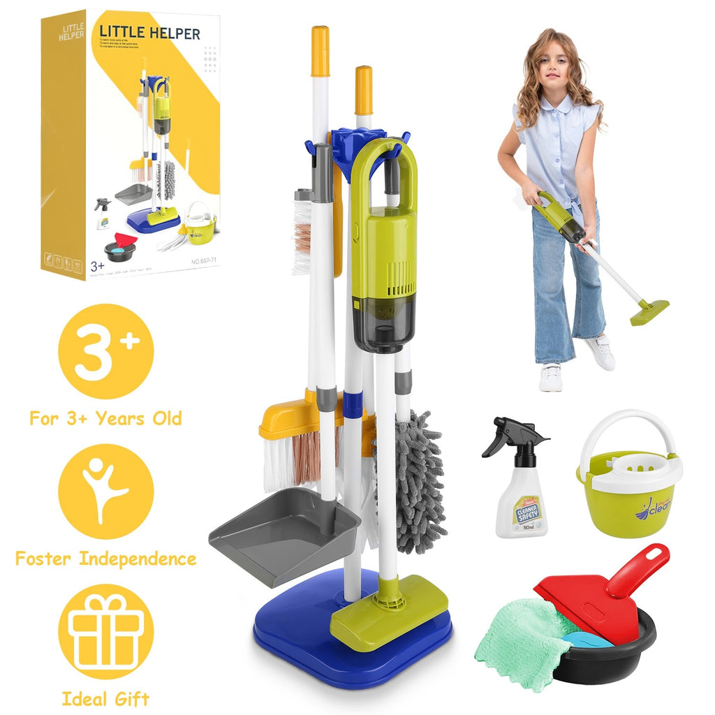 Kids Cleaning Toy Set -14 Piece Pretend Housekeeping Play Kit With Vacuum Cleaner, Broom, Mop and Organization Stand For Boys Girls Age 3 - 5