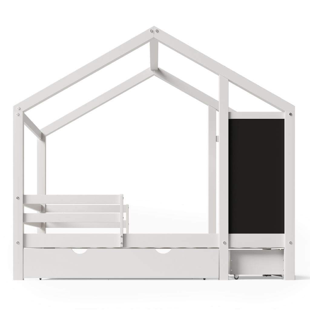 Twin House Style Bed With Blackboard And Drawers, Two Assembly Options, White