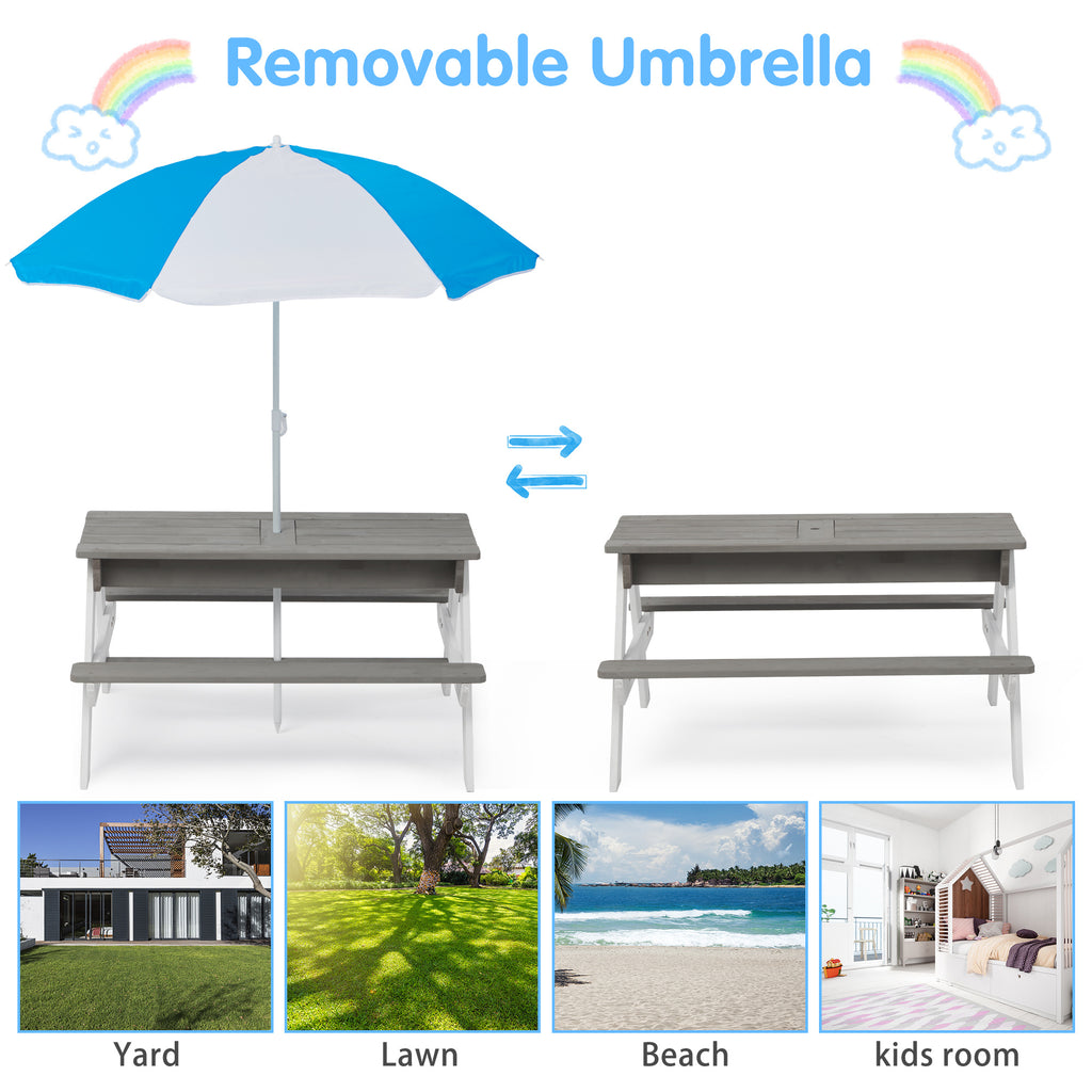 3-in-1 Kids Outdoor Wooden Picnic Table With Umbrella - Convertible for Sand And Water Play - Includes 7 Plastic Toys