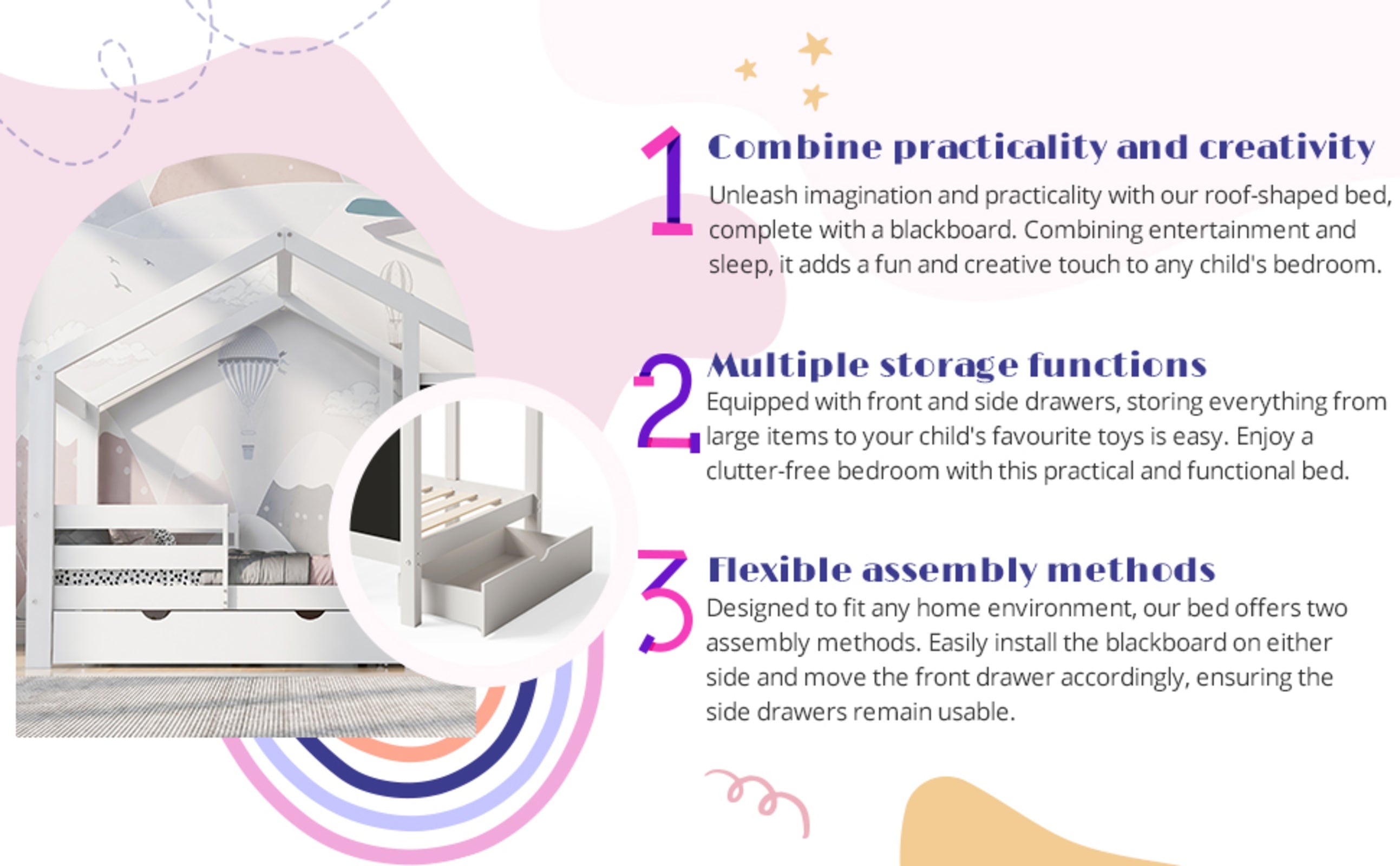 Twin House Style Bed With Blackboard And Drawers, Two Assembly Options, White