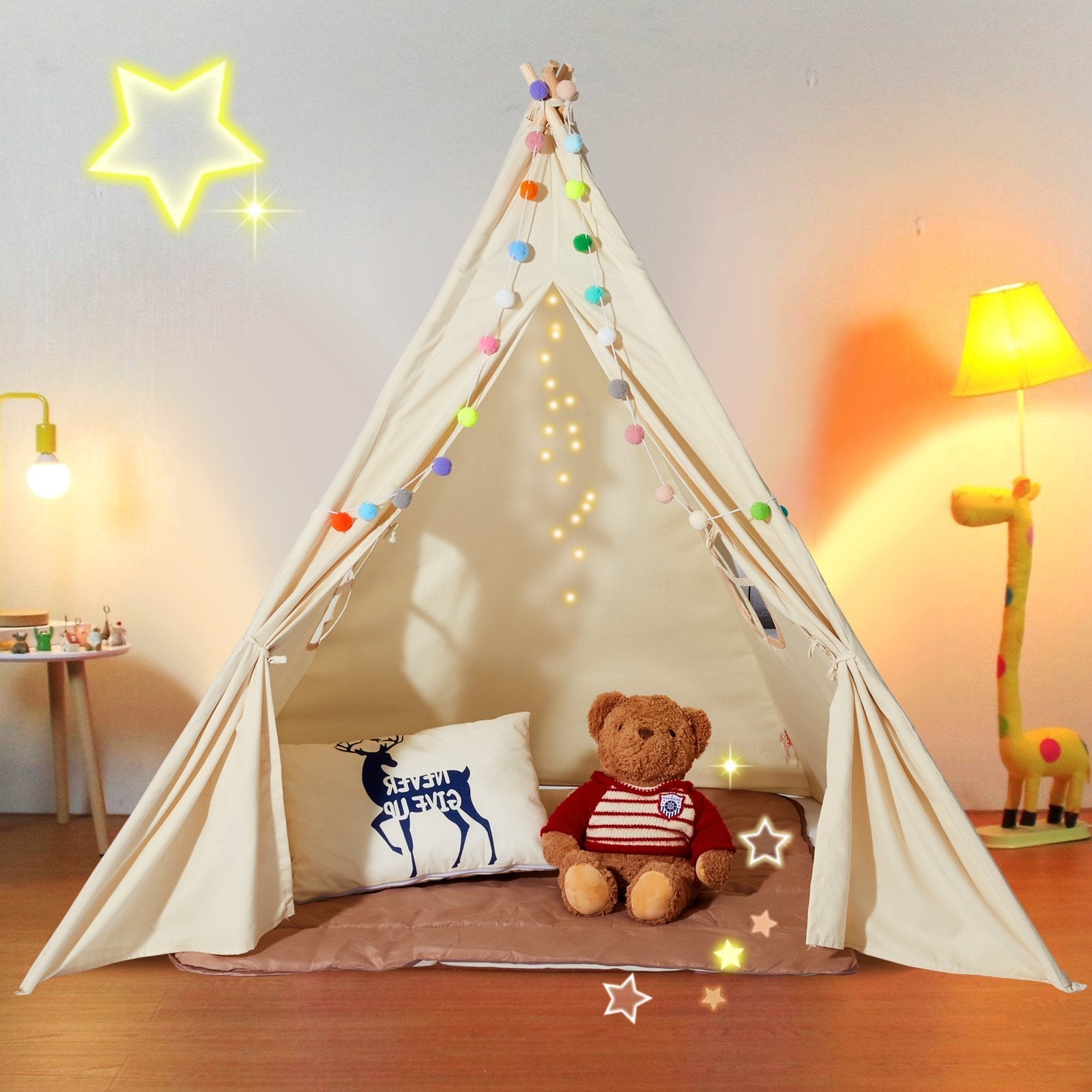Teepee Tent For Kids 1-5 Years Old, Play Tent For Kids With Windows, Mat And Plush Decorative Balls
