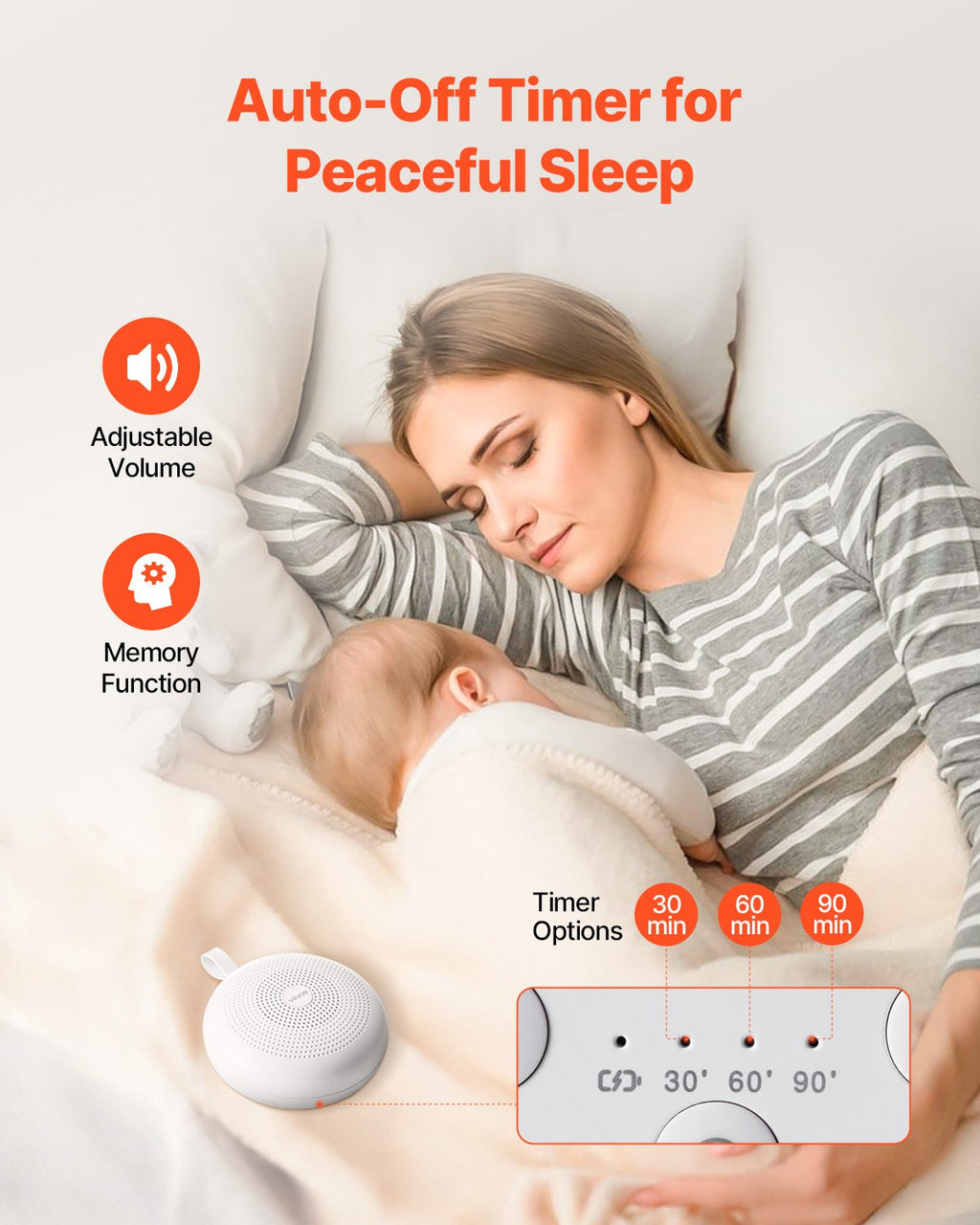 3-in-1 Portable And Hangable White Noise Sound Machine With Auto-Off Timer, Soft Ring Light And Memory Function with 30 Soothing Sleep Sounds For Baby.