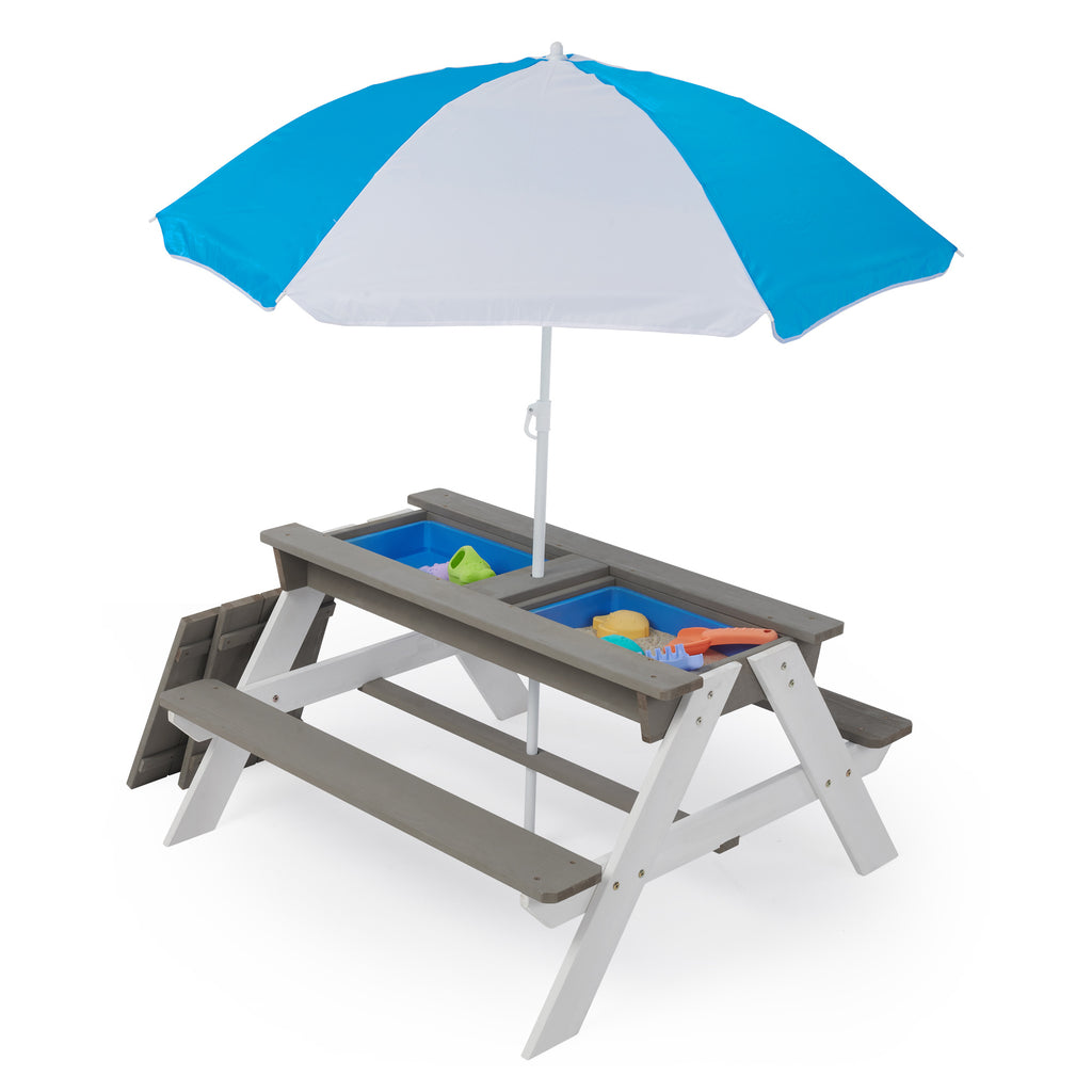3-in-1 Kids Outdoor Wooden Picnic Table With Umbrella - Convertible for Sand And Water Play - Includes 7 Plastic Toys