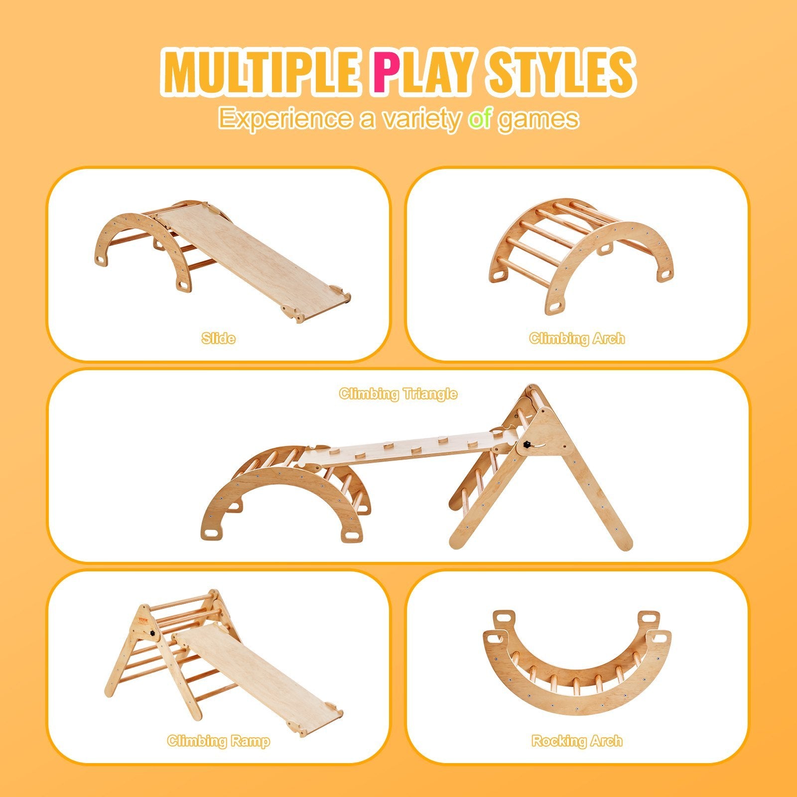 5 In 1 Large Wooden Montessori Toddler Climbing Indoor Playground Jungle Gym with Ramp, Arch and Triangle.